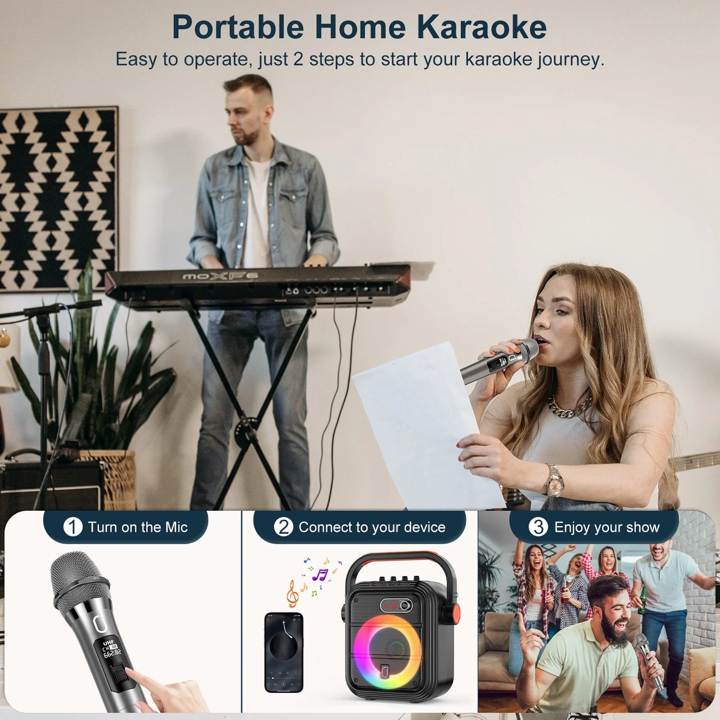 Karaoke Machine with 2 Wireless Microphones, Portable Bluetooth Speaker with RGB Light, Supports TF/USB, AUX, FM, Rec, TWS