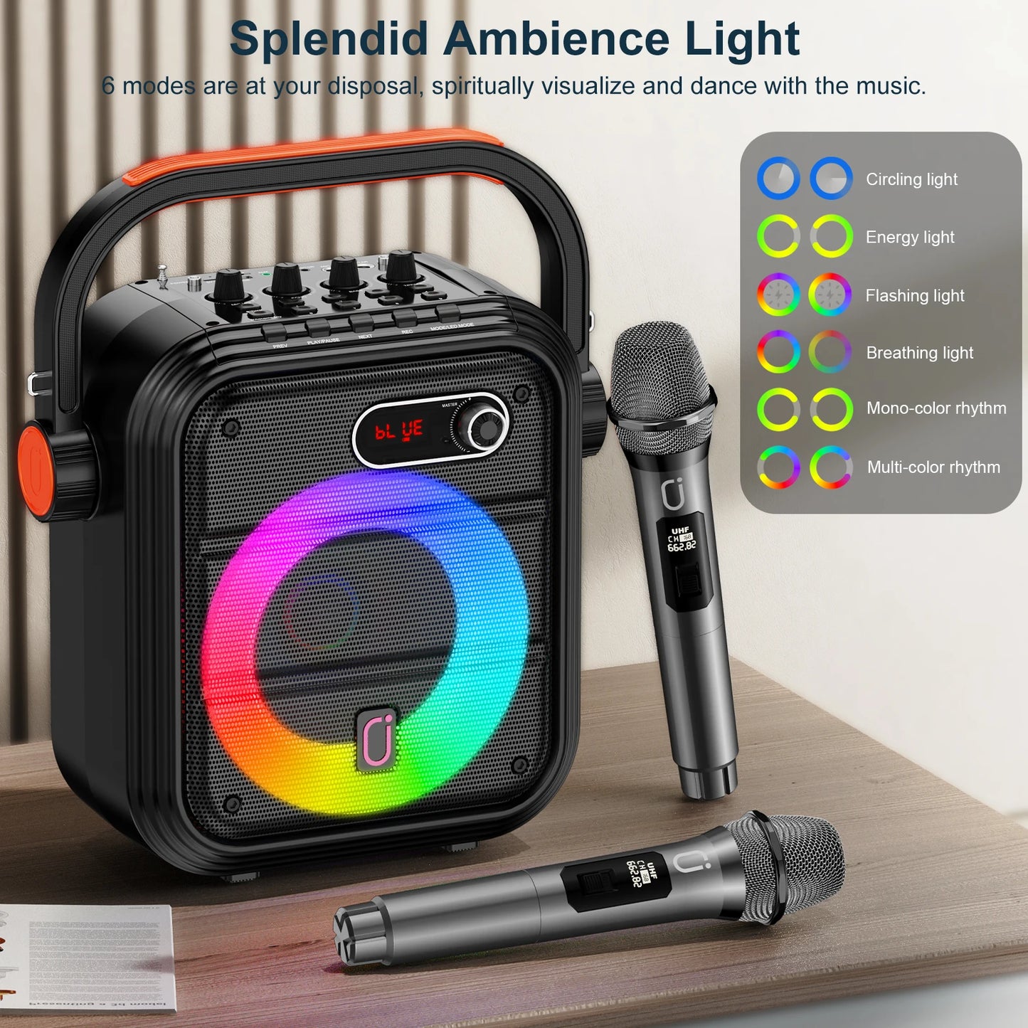 Karaoke Machine with 2 Wireless Microphones, Portable Bluetooth Speaker with RGB Light, Supports TF/USB, AUX, FM, Rec, TWS