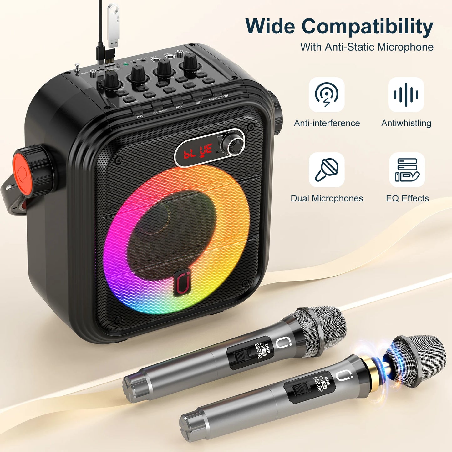 Karaoke Machine with 2 Wireless Microphones, Portable Bluetooth Speaker with RGB Light, Supports TF/USB, AUX, FM, Rec, TWS