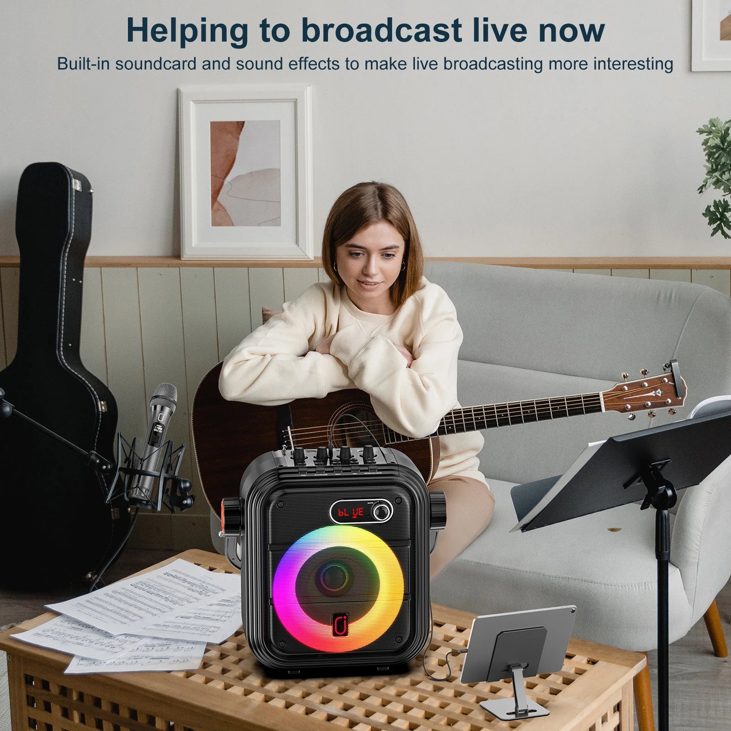 Karaoke Machine with 2 Wireless Microphones, Portable Bluetooth Speaker with RGB Light, Supports TF/USB, AUX, FM, Rec, TWS