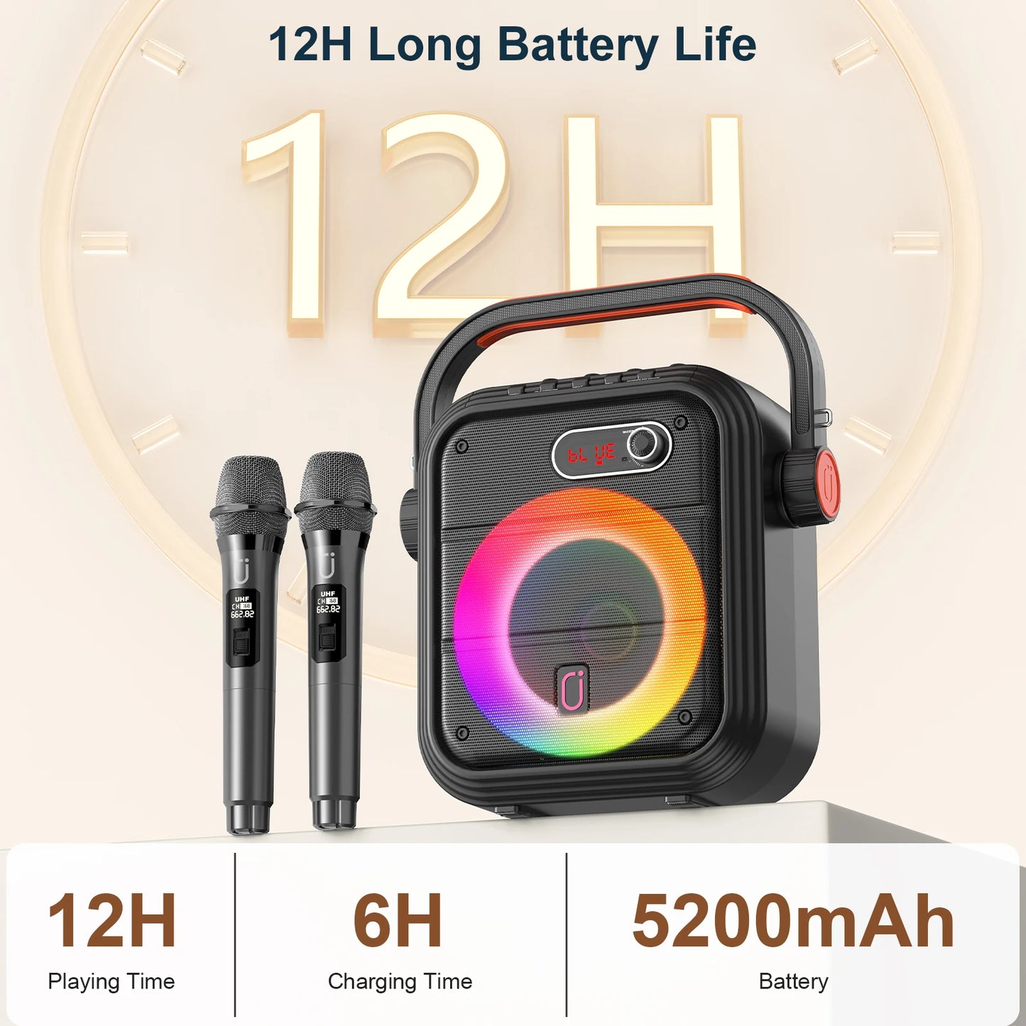 Karaoke Machine with 2 Wireless Microphones, Portable Bluetooth Speaker with RGB Light, Supports TF/USB, AUX, FM, Rec, TWS